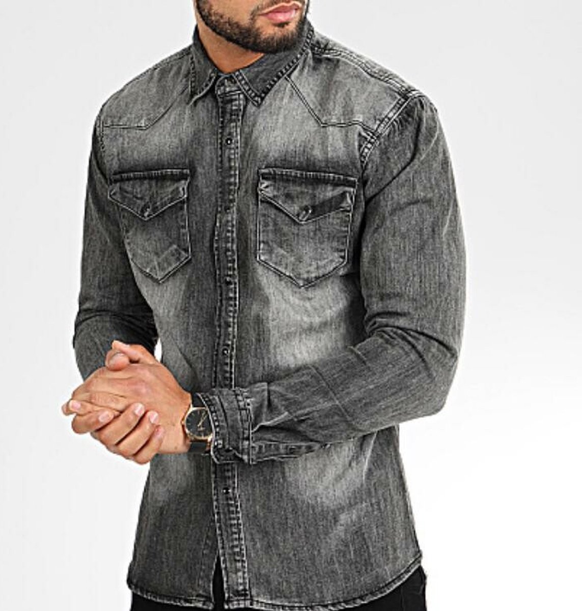 Heren spijker overhemd - grijs - overhemd mannen denim - slim fit - maat XL  - 625 -... | bol