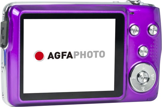 Achterkant van paarse digitale camera met een leeg AgfaPhoto-scherm.