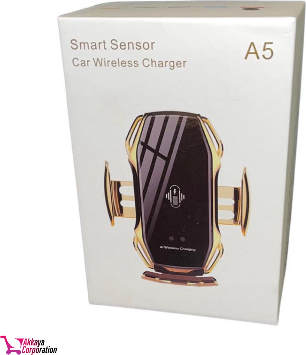 Smart Sensor A5 Auto Oplader - Snel Laden - Telefoon Laden - Auto - Standaard - Sensor - Draadloos - Draadlos Opladen - Wireless Charging - Automatisch Sluiten - Oplader - Veilig Rijden - Goud