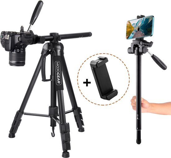 MOJOGEAR 179cm 3-in-1 Statief: Driepoot, Monopod & Horizontale Arm voor topshots - met Telefoonhouder en Tripod Draagtas - Groot statief voor smartphone telefoon en camera - Tripod smartphone - Zwart