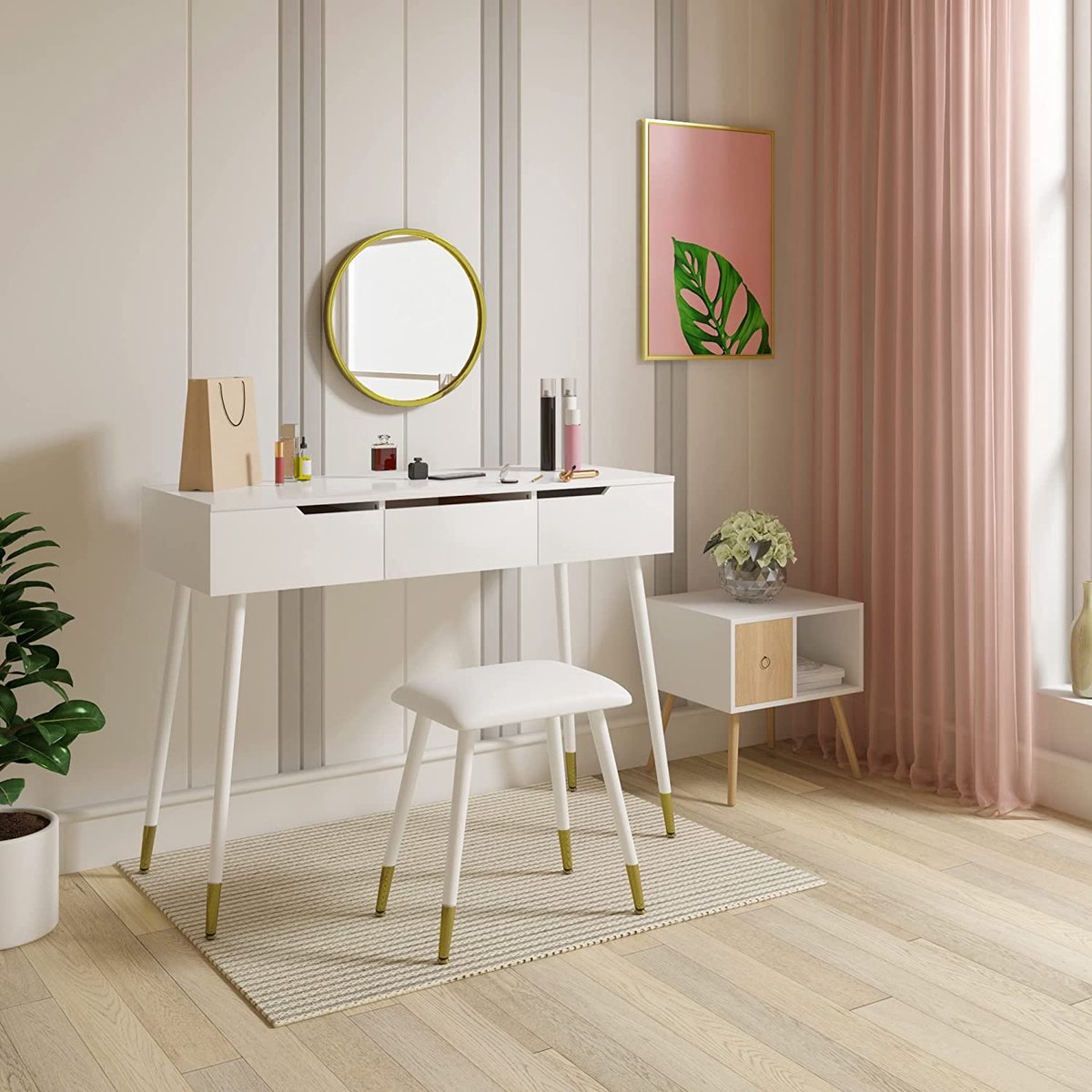 WOLTU Make-uptafel met kruk en spiegel kaptafel met schuifladen groot tafelblad van 100 x 40 cm moderne make-uptafel voor slaapkamer grijs MB6080gr