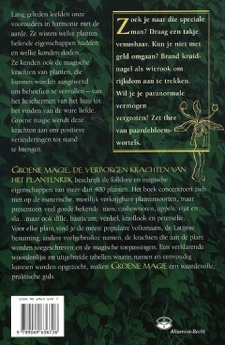 Achterkant van het boek 'Groene Magie' met tekst en een illustratie van een gestileerd figuur