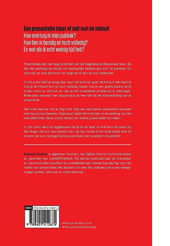 Achterpagina van een boek met de titel "Een presentatie staat of valt met de inhoud". Rode achtergrond met tekst.