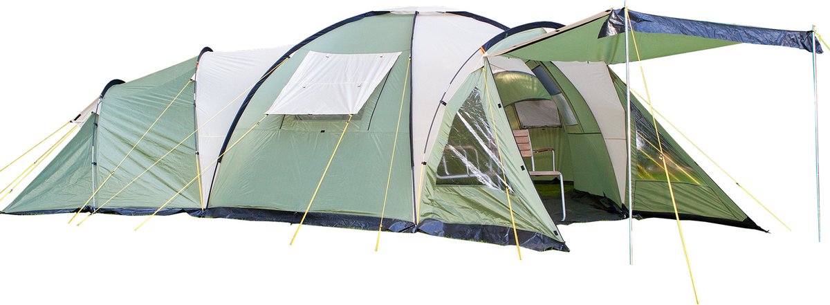 Skandika Corsica Tent – Tenten – Koepeltent – Voor 10 personen – 2.1m stahoogte – Kampeertent met 3 slaapcabines – Muggengaas - 5000 mm waterkolom – Ingenaaide tentvloer in slaapcabines - Grote tent voor kamperen en festivals – groen/beige
