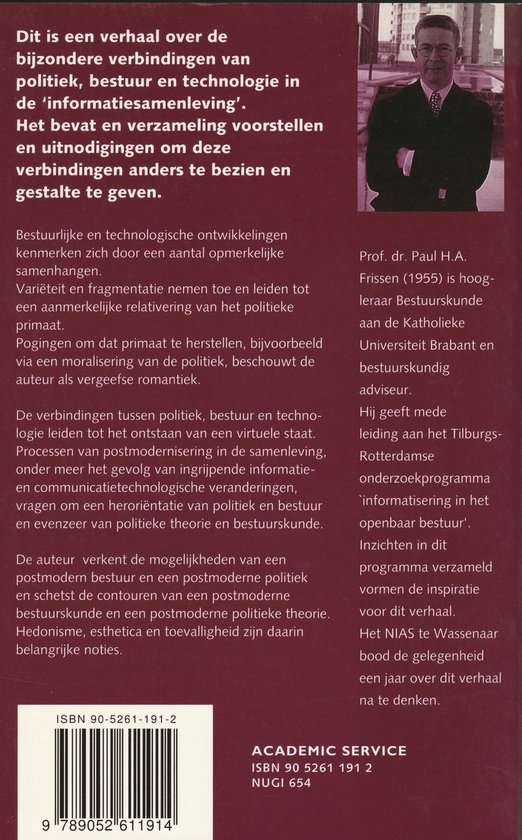 Achterkant boek 'De Virtuele Staat' met tekst en een portretfoto van Prof. dr. Paul H.A. Frissen.