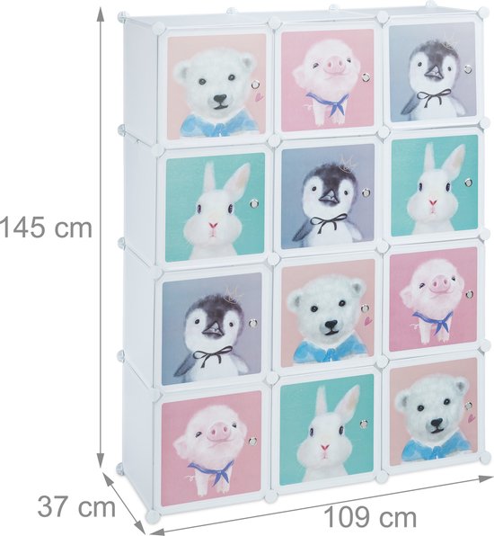 kinderkast - 8 vakken - deuren - 145 x 109 x 37 cm - speelgoedkast - wit