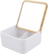 Bamboe opbergbox - Met spiegel - Make up box - Bamboe doosje - Handige deksel - Make up doosje - Make up organizer - White edition