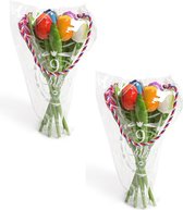 2x Houten tulpen decoratie boeketten 34 cm - Gekleurde tulp bloemen boeket - Hollandse tulpen - Holland souvenirs