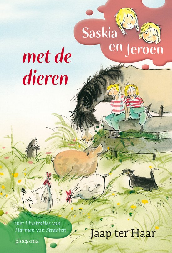Boek "Saskia en Jeroen met de dieren" met illustratie van Saskia en Jeroen op een paard, een varken, kippen, een konijn, een kat en een hond.
