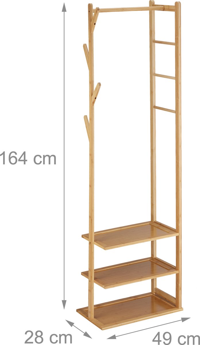 kledingrek met schoenenrek - met kapstok - 3 planken - met kledingstang - bamboe – foto 6