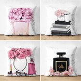 Realhomes - Sierkussenhoes set van 4 - dubbelzijdig bedrukt - 43x43 cm - trendy girl - roze -  sierkussen - kussensloop - sierkussens - geschikt voor 45x45 cm vulling – kussenhoes