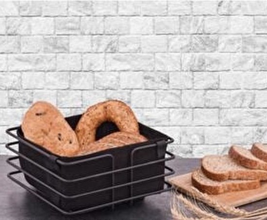 Corbeille à pain - Corbeille à pain en métal - Nappes - Corbeille à pain avec sac - Noir mat avec noir - 21x21x11 - Métal - Katoen - Lavable