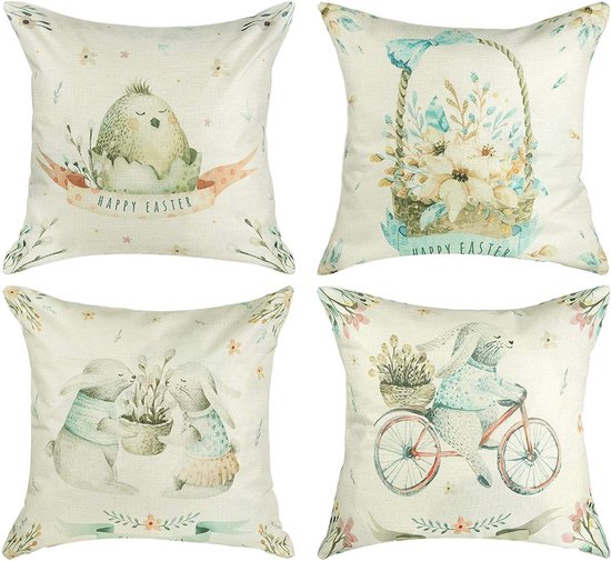 HUIKJI 4 stks Pasen Sierkussen, Katoen Linnen Kussensloop Decoratieve Kussens Cover voor Thuis Kantoor Slaapbank Bank, Canvas Gooi Kussens Cover