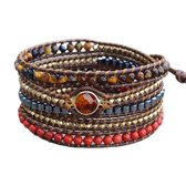 Marama - wikkelarmband Bohèmian Sun Red - vegan - edelsteen tijgeroog en hematiet - dames armband - cadeautje voor haar