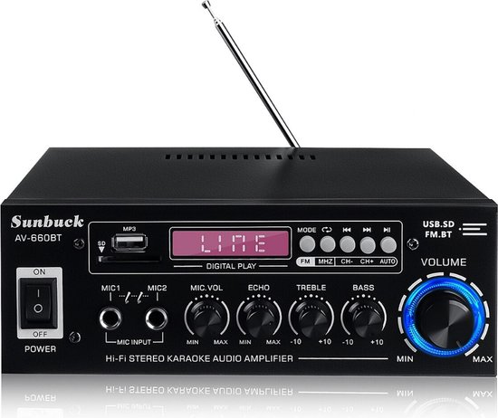 Pas op kabel wrijving Sunbuck HiFi Versterker - SD/MP3/USB - Hifi Bluetooth Eindversterker - 2x  Mic - AUX1... | bol.com