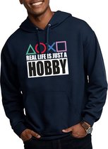 Premium sweater met kap | Hoodie | Gamer | Real Life is just a Hobby | Navy | Maat Large