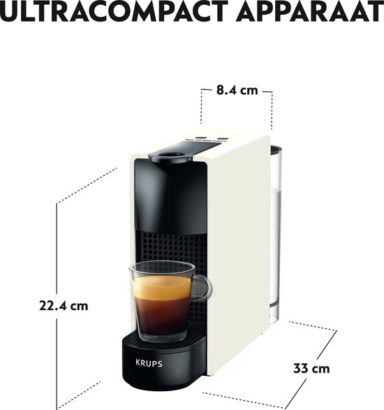 Dimensions de la machine à café Nespresso Essenza Mini blanche : 8,4 cm de largeur, 22,4 cm de hauteur, 33 cm de profondeur.