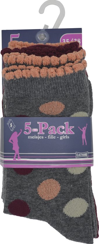 Meisjes sokken 5-PACK - dots -grijs/roze - maat 31/34 - 90% katoen naadloos
