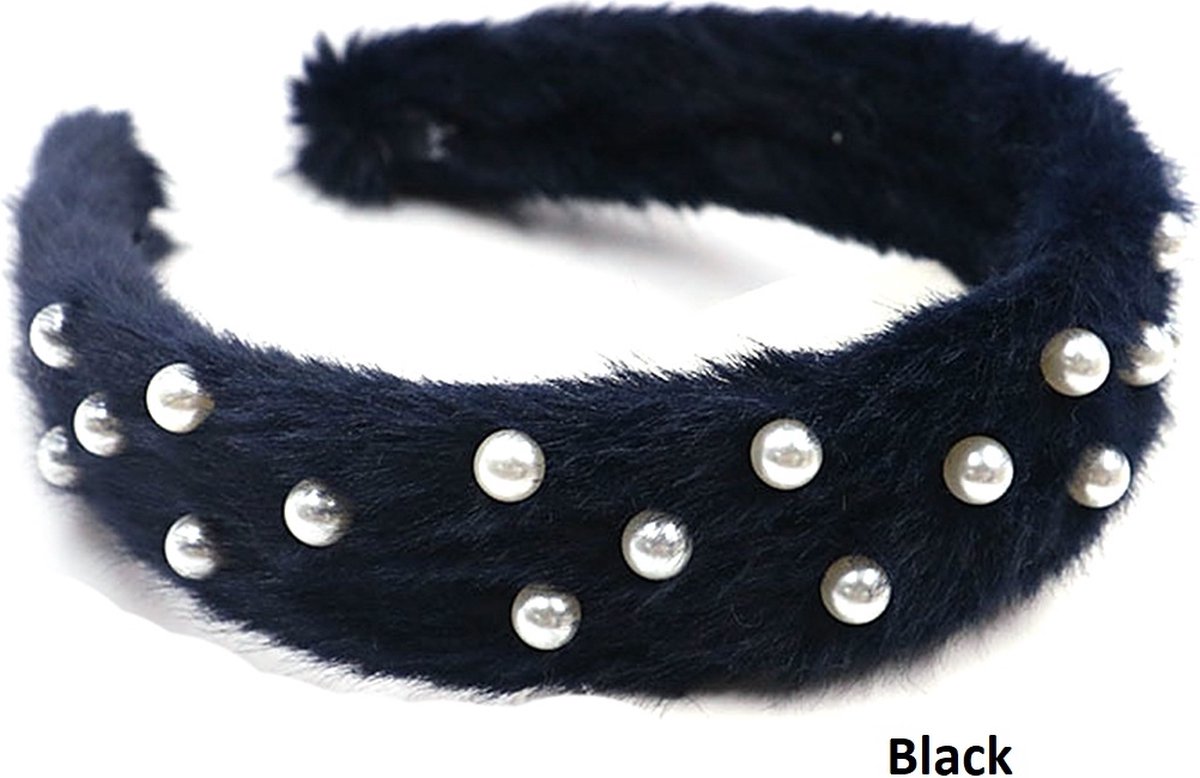 Fluffy Haarband met Parels - Diadeem - Breedte 3 cm - Zwart - Dielay