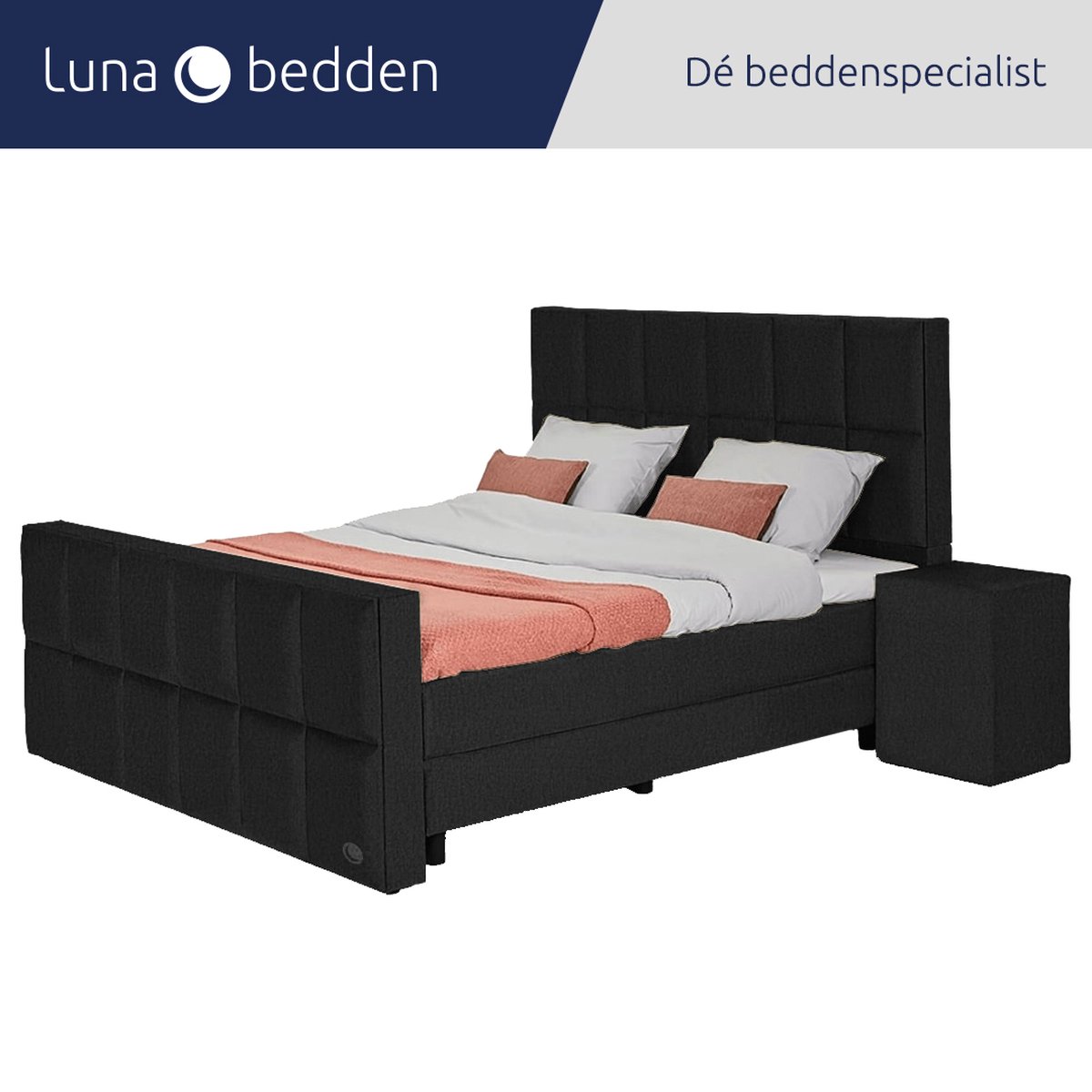 Luna Bedden - Boxspring Skye - 140x210 Compleet Zwart 12 Vakken Bed
