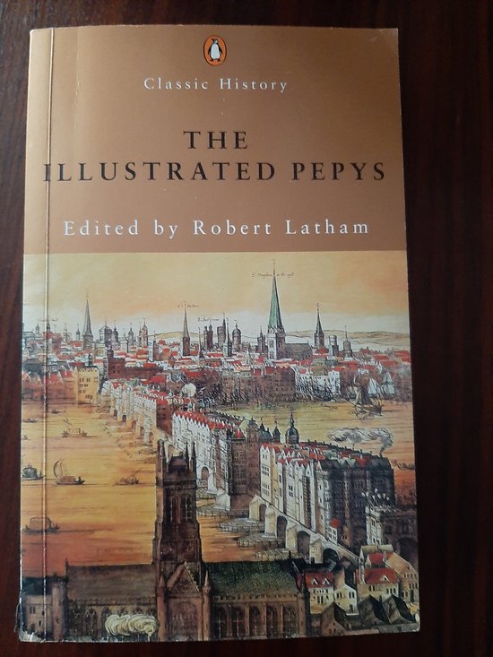 Voorzijde van 'The Illustrated Pepys', met een aquarel van de stad Londen en schepen op de rivier.