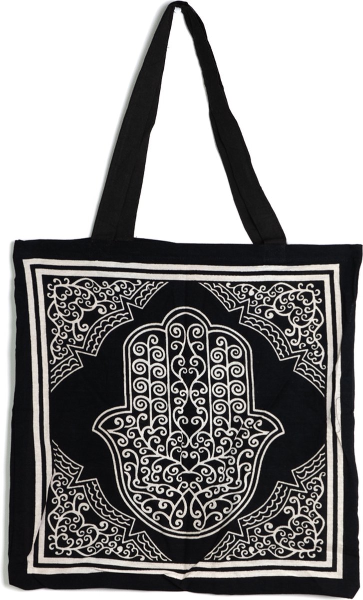 Tote Bag Katoen – Hamsa Hand Zwart/Wit (45 cm)