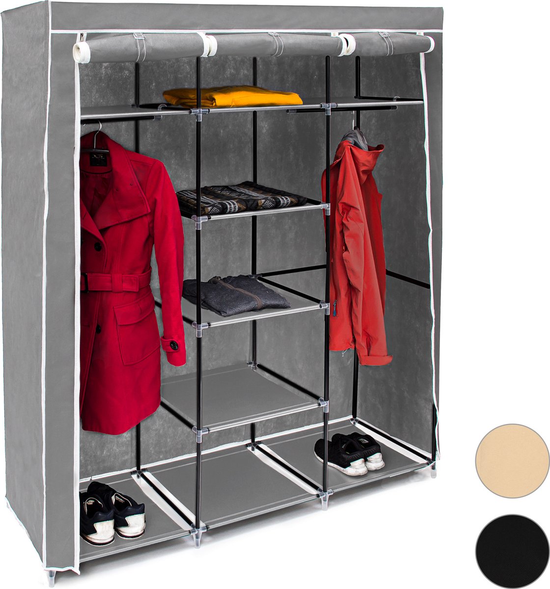 Relaxdays kledingkast stof, 9 planken, opvouwbaar, 2 kledingroedes, HBD 173x148x43 cm, camping, stoffen kast, grijs