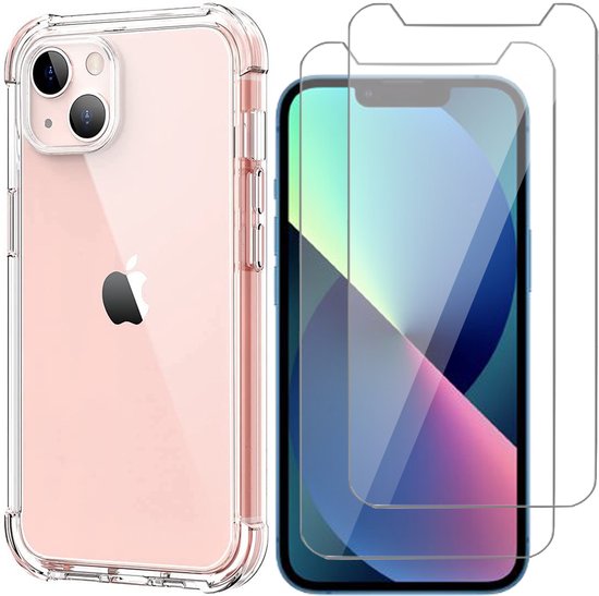 Hoesje geschikt voor iPhone 13 Mini - Anti Shock Siliconen Case Transparant Hoes - 2x Screen Protector Gehard Glas Beschermglas Tempered Glass Screenprotector