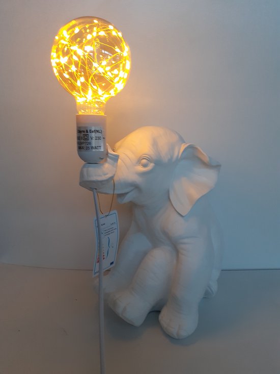 Statue d'éléphant éléphant blanc comme lampe de table comprenant une lampe décorative de Clayre&Eef 45x25x27 cm
