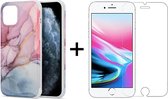 iPhone 7/8/SE 2020 Hoesje Marmer Roze/Blauw Siliconen Case - 1x iPhone 7/8/SE 2020 Screenprotector