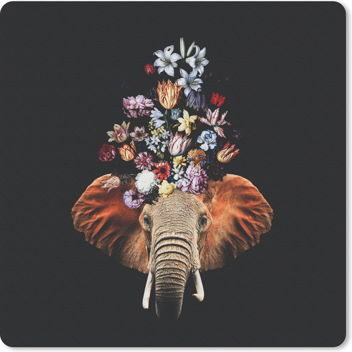 Muismat 20x20 cm - Mousepad Olifant - Bloemen - Kleuren - Muismatten