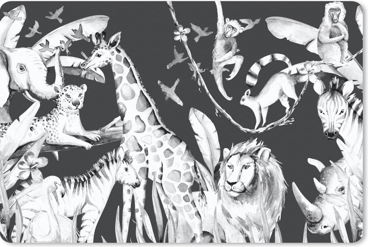 Muismat - Mousepad - Watercolor dieren uit de jungle op donkere achtergrond - zwart wit - 27x18 cm