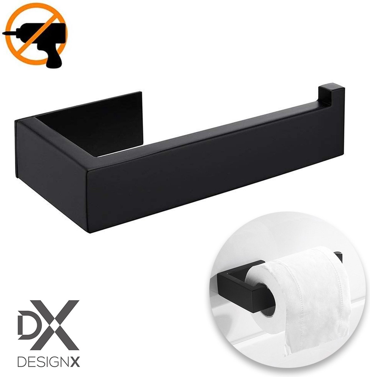 DesignX 3M™ Toiletrolhouder Zonder Boren Zwart Zelfklevend - WC Rolhouder - Matte - Papier - Houder - Incl. 3M Plakstrip
