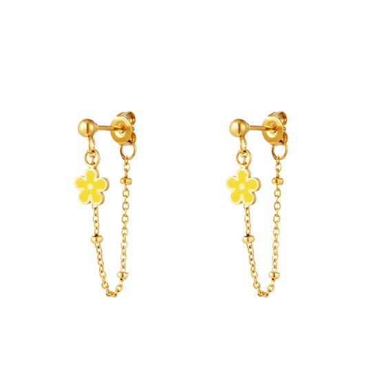 Earrings flower chain - yellow - geel - goud - stainless steel - kettinkje - oorbellen - Yehwang