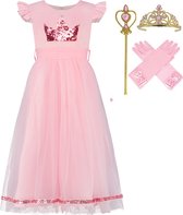 Prinsessenjurk Meisje - Verkleedkleding - Roze Jurk - maat 122/128 (130) - met pailletten kroon - Inclusief accessoires - Feestjurk - Communiejurk