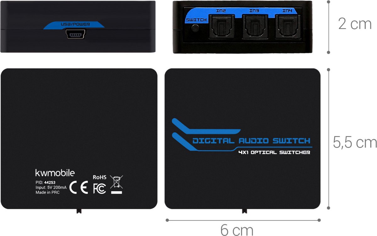 kwmobile digitale audio 4poorts switch Adapter voor SPDIF Toslink