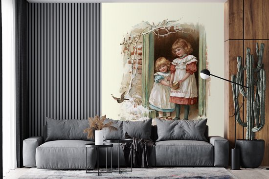 Papier peint - Papier peint photo peint Vintage filles en hiver - Largeur 195 cm x hauteur 240 cm