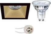 LED Spot Set - Pragmi Pollon Pro - GU10 Fitting - Inbouw Vierkant - Mat Zwart/Goud - Verdiept - 82mm - Philips - SceneSwitch 827 36D - 1.5W-5W - Warm Wit 2200K-2700K - Dimbaar - BES LED