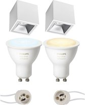 Pragmi Cliron Pro - Opbouw Vierkant - Mat Wit/Zilver - Verdiept - 90mm - Philips Hue - Opbouwspot Set GU10 - White Ambiance - Bluetooth - BES LED
