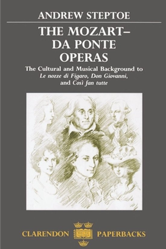Boekomslag met de titel 'The Mozart-Da Ponte Operas' door Andrew Steptoe, met schetsen van personen.