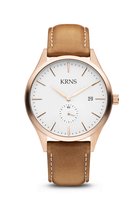 KRNS 1004 - Horloge - Analoog - Heren - Mannen - Leren band - Bruin - Rosékleurig - Wit