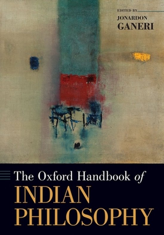 Couverture de livre avec art abstrait dans des tons bleus, rouges et jaunes. Titre : 'The Oxford Handbook of Indian Philosophy'.