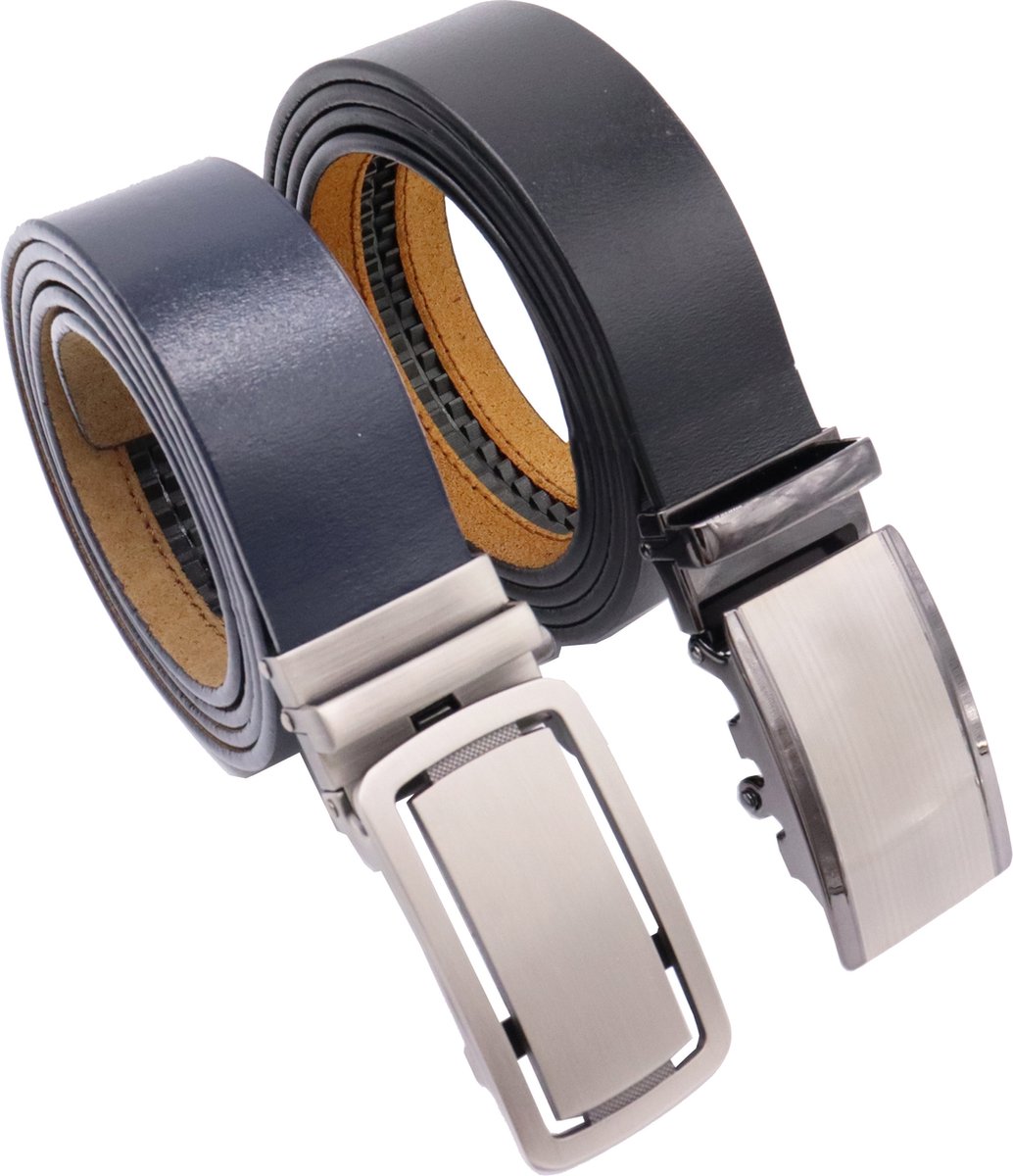 Safekeepers Automatische Heren Riem 2-Pack – 100% Echt Leer – Zwart & Blauw – Met Klikgesp Zonder Gaatjes – 3,5 cm Breed - Traploos Verstelbaar