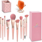 Nisha & Me® Kwasten Set – 100% Vegan – Make Up Borstels – Brush Organizer Roze – Cadeau voor Vrouw – set van 10 Brushes