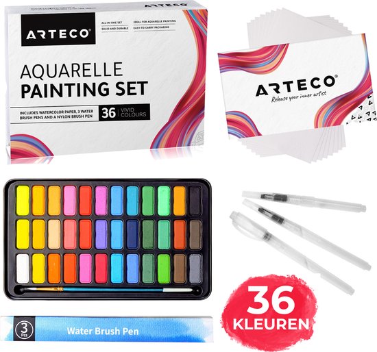 ARTECO® 36 Kleuren Aquarelverf Set – Inclusief 3 Water Brush Pennen en Aquarelpapier - Waterverf - Geschenkdoos