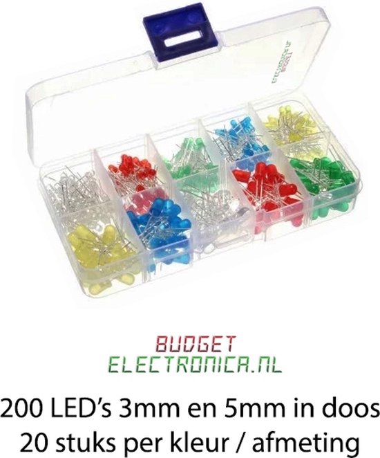 LED assortiment 3mm en 5mm – 200 stuks – Arduino - Raspberry - Breadboard -  5 kleuren | bol.com