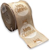 Kerstlint | Kerstbal | Beige | Glitter | 1 Stuk | Lengte: 10 M | Breedte: 6.3 CM | Merry Christmas | Sneeuwvlok | Rood | Zilver | Goud | Lint Met IJzerdraad | Kerstlint Glitters |