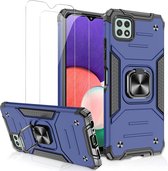 Samsung A22 Hoesje Heavy Duty Armor Hoesje Blauw - Samsung Galaxy A22 5G Case Kickstand Ring cover met Magnetisch Auto Mount- Samsung A22 5G screenprotector 2 pack