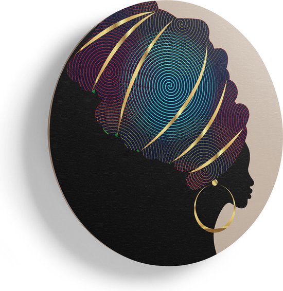 Artaza Houten Muurcirkel - Afrikaanse Vrouw Met Een Tulband - Ø 65 cm - Multiplex Wandcirkel - Rond Schilderij