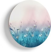 Artaza Houten Muurcirkel - Witte Bloemen Op Een Blauw Achtergrond - Ø 65 cm - Multiplex Wandcirkel - Rond Schilderij